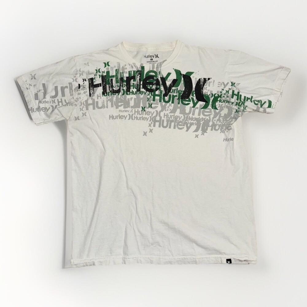 Hurley Y2K Graphic Tee White Green Logo Surfer Style Large 20x25